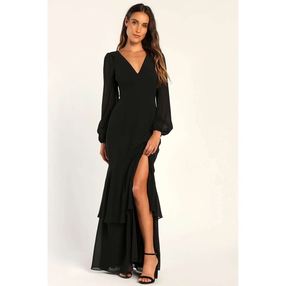Lulus Tier Elegance Black Long Sleeve Tiered Maxi Dress Size Medium